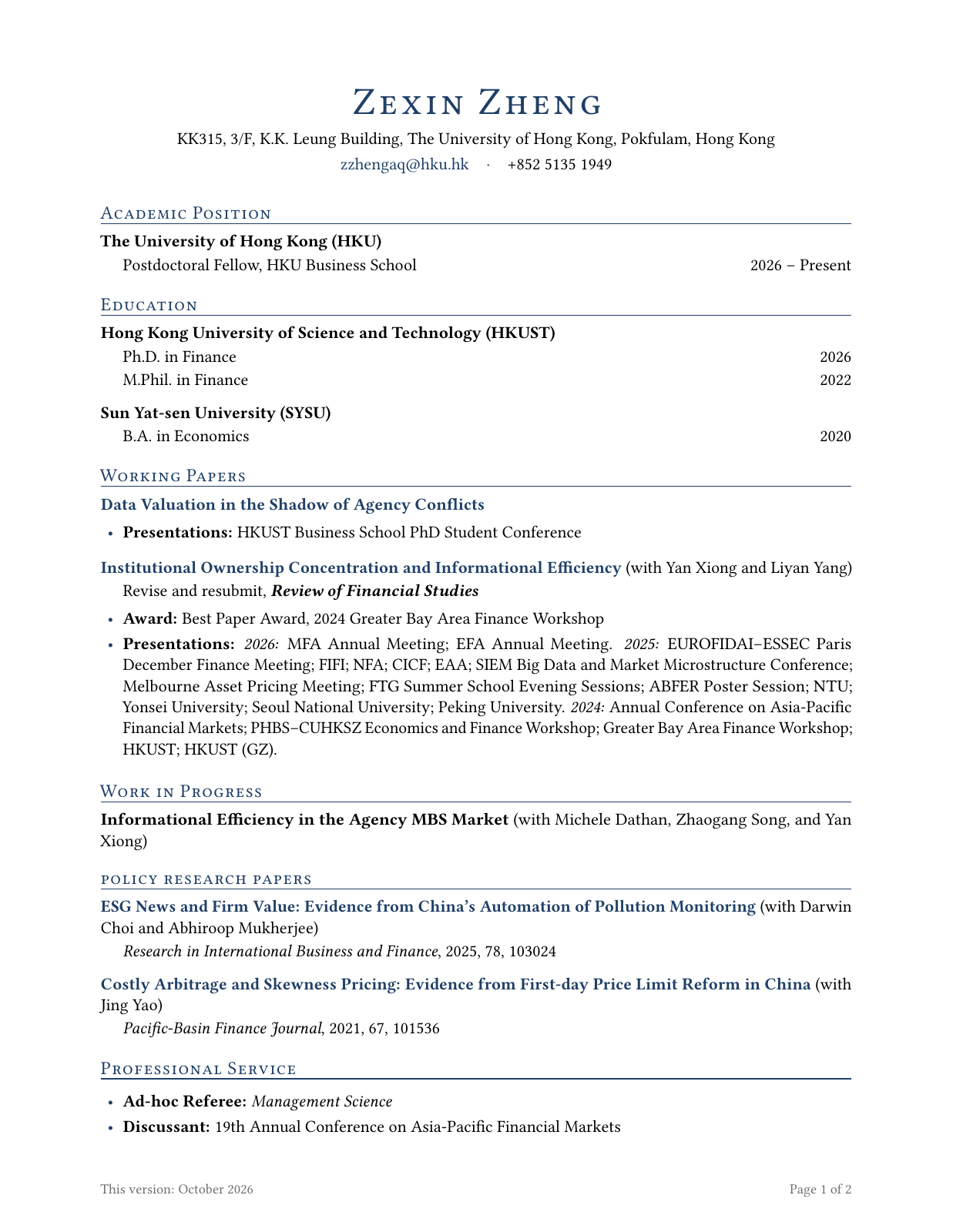 First page of Zexin Zheng's curriculum vitae. Open the PDF for the complete, accessible document.